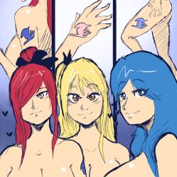 blonde_hair blue_eyes blue_hair breasts brown_eyes corruption erza_scarlet fairy_tail femsub juvia_loxar large_breasts lucy_heartfilia multiple_girls red_hair sequence shishikasama sketch smile tattoo