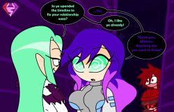  alternate_hair_color blue_hair breasts capcom cleavage clothed crossover darkstalkers dialogue disney english_text femdom femsub green_eyes green_hair hypnoscream kingdom_hearts large_breasts long_hair morrigan_aensland multicolored_hair murder_drones purple_hair ramona_flowers red_eyes red_hair robot_girl scott_pilgrim_(series) short_hair sora speech_bubble spiralwash_eyes square_enix story succubus text yeva_(murder_drones) 