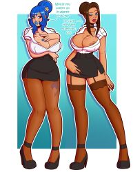  age_progression bimbofication blue_eyes blue_hair breasts brown_hair cana_alberona choker cleavage clothed corruption dialogue fairy_tail female_only femsub forced_employee high_heels huge_breasts juvia_loxar large_ass large_breasts large_hips large_lips legs long_nails makeup miniskirt office_lady open_shirt pantyhose short_skirt skirt tattoo text thighhighs tights wrenzephyr2 