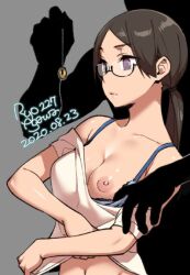  agawa_ryou bra breasts brown_hair cleavage coin faceless_male femsub glasses maledom midriff navel nipples one_breast_out open_clothes original pendulum ponytail simple_background spiral_eyes symbol_in_eyes text underwear undressing watermark 