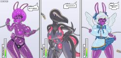  absurdres bulge bunny_boy bunny_ears comic dialogue english_text fishnets furry magical_girl malesub mechanical_arm metiore nintendo original pasties pink_eyes pink_hair pink_lipstick pokemon puckered_lips salazzle short_hair short_skirt skirt speech_bubble stripper tail tech_control text thong white_hair wings 