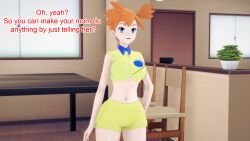 aware blue_eyes clothed crop_top dialogue female_only misty mustardsauce orange_hair pokemon pokemon_(anime) solo text
