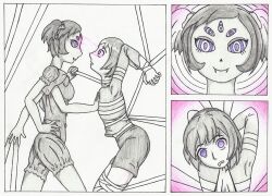 absurdres arms_above_head bondage emerald_lazers expressionless femdom frisk_(undertale) monochrome monster_girl muffet ring_eyes undertale