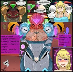  blonde_hair breasts dazed_dames happy_trance metroid_(series) nintendo purple_eyes pussy samus_aran simple_background spiral tech_control text 