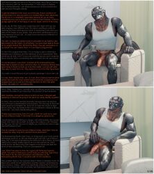  3d alien baxie_(thalarynth) bottomless caption chair dialogue furry ian_(thalarynth) original possession pov scalie sitting snake_boy tank_top text thalarynth_(manipper) 