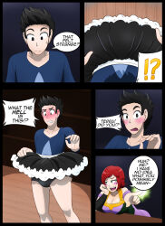ass_expansion black_hair blush bulge comic dialogue feminization green_eyes kobi94 magic red_hair shoes skirt text