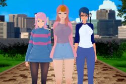  3d alexia_(electrickronos) blue_hair celes_(electrickronos) eir-chi_prowtag_(electrickronos) empty_eyes expressionless female_only femsub freckles glasses hair_clips jean_shorts jeans koikatsu! legs long_hair multiple_girls multiple_subs orange_hair original pantyhose pendulum pink_hair ponytail resisting short_hair shorts standing sweater thehguy wendy_(electrickronos) 