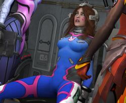 3d blue_eyes blue_skin bodysuit bondage brown_hair chair cleavage collar corruption cuffs d.va daz_studio dazed eye_roll face_paint female_only femdom femsub glowing_eyes lipstick long_hair mercy mndlessentertainment multiple_doms multiple_girls open_mouth overwatch pink_lipstick restrained sitting spread_legs tech_control widowmaker