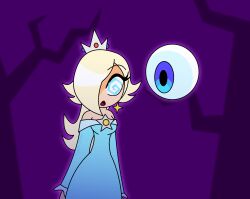 aura bare_shoulders blonde_hair blue_eyes cleavage clothed crown dress earrings emblem eyebrows_visible_through_hair eyelashes female_only femsub floating forest gazer hair_covering_one_eye hypnoscream hypnotic_eyes jewelry leaning_forward mr._i nintendo outdoors princess_rosalina purple_background spiral_eyes super_mario_bros. super_mario_galaxy symbol_in_eyes