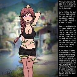  braid brain_injection breasts caption cleavage dazed empty_eyes expressionless femsub glowing glowing_eyes grimgar_of_fantasy_and_ash httpwwwcom large_breasts legs long_hair midriff open_mouth original parasite red_eyes red_hair shorts surprised tank_top tentacles text thighhighs yume_(grimgar) 