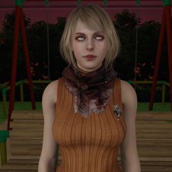  3d ashley_graham bare_shoulders blonde_hair esccc expressionless eye_roll female_only femsub japanese_text open_mouth resident_evil resident_evil_4 resident_evil_4_remake scarf short_hair solo standing sweater wufan870203 
