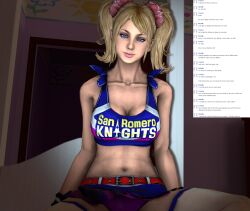 3d bare_shoulders breasts caption cheerleader femsub happy_trance juliet_starling large_breasts lollipop_chainsaw maledom panties poser ridley_(artist) sitting smile source_filmmaker text thighhighs underwear