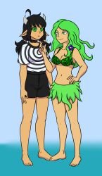  ahoge bare_legs barefoot black_hair bra breasts character_request cleavage clothed elf_ears feet female_only femdom femsub finger_snap flower flower_in_hair gradient_background grass_skirt green_eyes green_hair hand_on_hip horns katsiika_(katsiika) legs long_hair midriff navel original shirt shorts skirt smile spiral spiral_eyes standing twintails 