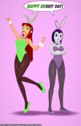 3d blue_eyes bow_tie bunny_ears bunny_girl bunnysuit clothed crossed_arms cuffs dc_comics dialogue fake_animal_ears female_only femsub green_eyes green_sclera grey_skin happy_trance latinkaixa leotard multiple_girls multiple_subs open_mouth pantyhose posing purple_hair raven red_hair short_hair simple_background smile speech_bubble standing starfire tan_skin teen_titans text very_long_hair