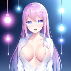  ai_art blue_eyes blue_hair breasts drool empty_eyes expressionless femsub glowing glowing_eyes hypnotic_light long_hair open_clothes open_mouth shirt simple_background stable_diffusion_(ai) tongue 