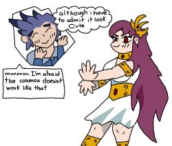  absurdres blue_hair blush body_swap breasts closed_eyes clothed dialogue donnothing23 dress english_text eye_color_change goddess original posing possession purple_hair red_eyes saint_seiya saori_kido shochi_(donnothing23) short_hair simple_background smile speech_bubble text thought_bubble very_long_hair white_background 