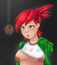 black_eyes breasts choker cookies earrings expressionless female_only femsub foster&#039;s_home_for_imaginary_friends frankie_foster fuzzytaste hair_clips nipples no_bra open_mouth pendulum ponytail red_hair shirt_lift short_hair signature simple_background solo sweater tagme