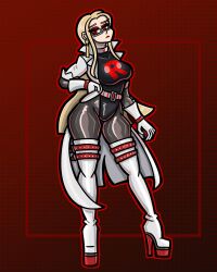  archfolie blonde_hair collar corruption enemy_conversion glasses gloves high_heels latex leotard nintendo oleana_(pokemon) pokemon pokemon_sword_and_shield red_eyes simple_background team_rocket thigh_boots 