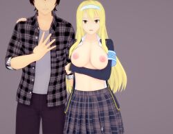  3d absurdres black_hair blonde_hair breasts brown_eyes cleavage collarbone elizabeth_(thehguy) empty_eyes erect_nipples exposed_chest femsub happy_trance hug jeans koikatsu! large_breasts long_hair maledom navel open_clothes open_shirt original school_uniform short_hair simple_background skirt thehguy topless unaware 