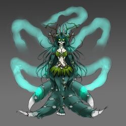  barefoot breasts bunbunbeatart cleavage copyright_request corruption fox_ears fox_girl fox_tail furry glowing_eyes green_hair jade_irvine midriff multiple_tails navel possession simple_background standing tagme tentacles very_long_hair yellow_eyes 
