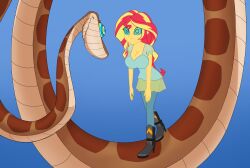 absurdres blonde_hair breasts cleavage coil_loop_walk coils disney equestria_girls femsub happy_trance hypnotic_eyes hypnotized_walking kaa kaa_eyes large_breasts long_hair maledom multicolored_hair my_little_pony red_hair smile snake stepped_on sunset_shimmer the_jungle_book vevymani
