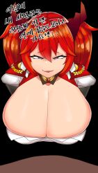aware blue_eyes breasts cham22 cleavage hair_ornament huge_breasts last_origin may_of_doom open_mouth red_hair smug text translation_request twintails uniform