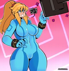 blonde_hair cameltoe metroid_(series) nintendo resisting samus_aran tech_control text thehornyzen