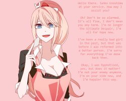 aliensdideverything_(manipper) blonde_hair blue_eyes breasts cleavage dangan_ronpa empty_eyes female_only femsub happy_trance junko_enoshima large_breasts long_hair looking_at_viewer manip pov pov_dom purification shuutan solo text