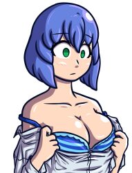  absurdres belle_(majestic) blue_hair blush bra cleavage exposed_chest expressionless female_only femsub green_eyes large_breasts majestic open_shirt original short_hair solo unaware 