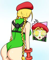  ass ass_focus bent_over beret blonde_hair cammy_white drool femsub fortnite hypnot-eyes leotard meme open_mouth simple_background sortish spiral_eyes street_fighter symbol_in_eyes tongue_out twintails 
