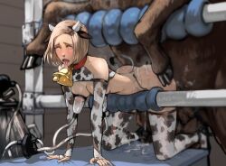 ahegao all_fours bestiality blonde_hair blush breasts choker cow_boy cowbell erect_nipples femsub furry gloves happy_trance invertoalbedo lactation milking milking_machine open_mouth original ring_eyes sex size_difference sweet_josephine thighhighs thighs tongue tongue_out underwear yellow_eyes