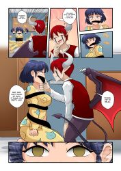 akane_tendo angry bat_wings bed bedroom blue_hair bondage chin_hold clothed comic curvy d-zen_(vanillahypnotist) demon demon_boy dialogue elf_ears empty_eyes femsub gag horns incubus kneeling maledom omi48 original pajamas ranma_1/2 red_hair resisting short_hair smile standing tail text wings