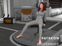  3d barefoot bodysuit bondage breasts chair cuffs daz_studio dazed expressionless female_only femsub glowing_eyes latex masterwayz natalie_noel_(gemgirl22) open_mouth original red_hair restrained rubber sitting solo tech_control tight_clothing watermark white_eyes 