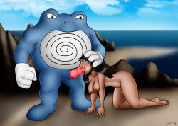 all_fours beach black_hair bottomless breasts evil_rick fellatio femsub furry gloves hanging_breasts huge_cock large_breasts monster monster_boy nintendo nude oral penis pokemon pokemon_(creature) pokephilia poliwrath size_difference spiral spiral_eyes symbol_in_eyes tears topless