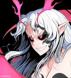 alternate_hair_color aura bare_shoulders black_background black_sclera cleavage corruption demon_girl disgaea disgaea_5 elf_ears evil_smile eye_color_change femsub hair_color_change happy_trance indioweeaboo liezerota liezerota_dark long_hair maledom possession red_eyes simple_background smile void_dark white_hair