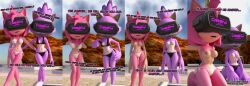  3d amy_rose ass_grab barefoot bikini bikini_bottom bikini_top blaze_the_cat breasts comic dialogue expressionless femsub furry happy_trance hedgehog_girl hypnotic_accessory kneeling multiple_girls multiple_subs open_mouth outdoors pink_skin pool purple_skin smile sonic_the_hedgehog_(series) spiralrose23 standing swimsuit tech_control text visor 