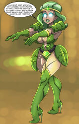 absurdres breasts cleavage emerald_(someguy231) expressionless female_only femsub glowing glowing_eyes green_hair large_lips mortal_kombat muscle_girl original short_hair solo standing text transfem transgender_identity zombie_walk zorro-zero