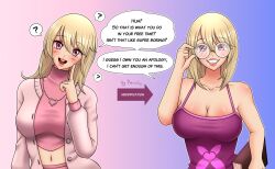  altered_common_sense before_and_after blonde_hair blush book breasts confused consensual crop_top dialogue femsub glasses gradient_background happy_trance jacket large_breasts lucie_(tfgame) navel necklace nerdification original porniky smile speech_bubble symbol tank_top text tomboy transformation wholesome 