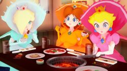 3d blonde_hair brown_hair empty_eyes femsub finalheart happy_trance multiple_girls multiple_subs nintendo princess_daisy princess_peach princess_rosalina super_mario_bros.