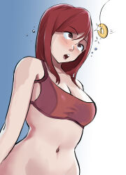    absurdres blue_background blush bra breasts cleavage coin dazed empty_eyes erza_scarlet fairy_tail femsub glatu gradient_background large_breasts long_hair midriff navel open_mouth pendulum red_eyes red_hair simple_background small_breasts sparkle underwear white_background 