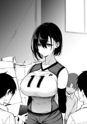  black_hair breasts cell_phone clothed empty_eyes expressionless femsub greyscale large_breasts maledom monochrome original shingo. short_hair 