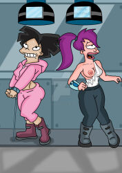 amy_wong archangemon bimbofication black_hair bondage breasts clothed_exposure cyclops futurama happy_trance large_breasts open_mouth ponytail purple_hair sweat tech_control text torn_clothes turanga_leela western