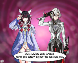 alerith arlecchino_(genshin_impact) black_hair black_skin breasts clothed columbina_(genshin_impact) dialogue dress empty_eyes english_text female_only femsub genshin_impact happy_trance long_hair multicolored_hair red_eyes red_hair saluting short_hair smile speech_bubble spiral_background text white_hair wings