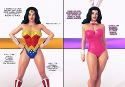  3d altered_common_sense before_and_after black_hair blue_eyes bunny_ears bunny_girl bunnysuit cuffs dc_comics dialogue fake_animal_ears female_only femsub hand_on_hip op-tron super_hero text western wonder_woman 