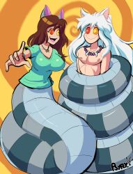  absurdres animal_ears brown_hair coils collarbone femdom happy_trance hypnotic_eyes inuyasha inuyasha_(series) kaa_eyes long_hair malesub naga_girl necklace open_mouth psyfly sheera_(hf790) shirt signature smile spiral_background topless very_long_hair white_hair 