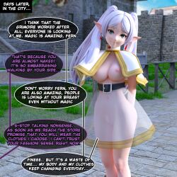 3d bimbofication brain_drain breast_expansion comic elf_ears english_text frieren frieren:_beyond_journey&#039;s_end grakio large_breasts magic text topless twintails white_hair