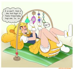  absurdres age_regression aweye blonde_hair blush bow cure_honey diaper drool female_only femsub happiness_charge_precure! happy_trance hypnotic_accessory lipstick_mark lying open_mouth ponytail precure resisting ring_eyes solo yuko_omori 