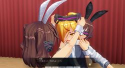  3d ahoge blonde_hair bow_tie brown_hair bunny_ears bunny_girl cuffs custom_maid_3d_2 expressionless fake_animal_ears female_only femdom femsub fishnets hair_covering_one_eye hypnotic_accessory hypnotized_dom hypnotized_hypnotist inikanata japanese_text large_breasts multiple_girls multiple_subs navel open_mouth short_hair small_breasts tech_control text tied_hair trapped twintails visor yellow_eyes 