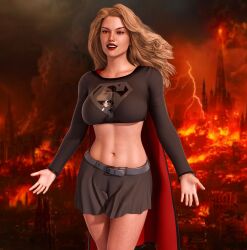 3d belt blonde_hair collarbone corruption dc_comics evil_smile female_only long_hair miniskirt op-tron open_mouth red_eyes red_lipstick skirt smile solo super_hero supergirl superman_(series) western