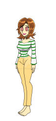 barefoot breasts brown_hair carlosfco happy_trance original pants simple_background smile spiral_eyes standing standing_at_attention symbol_in_eyes